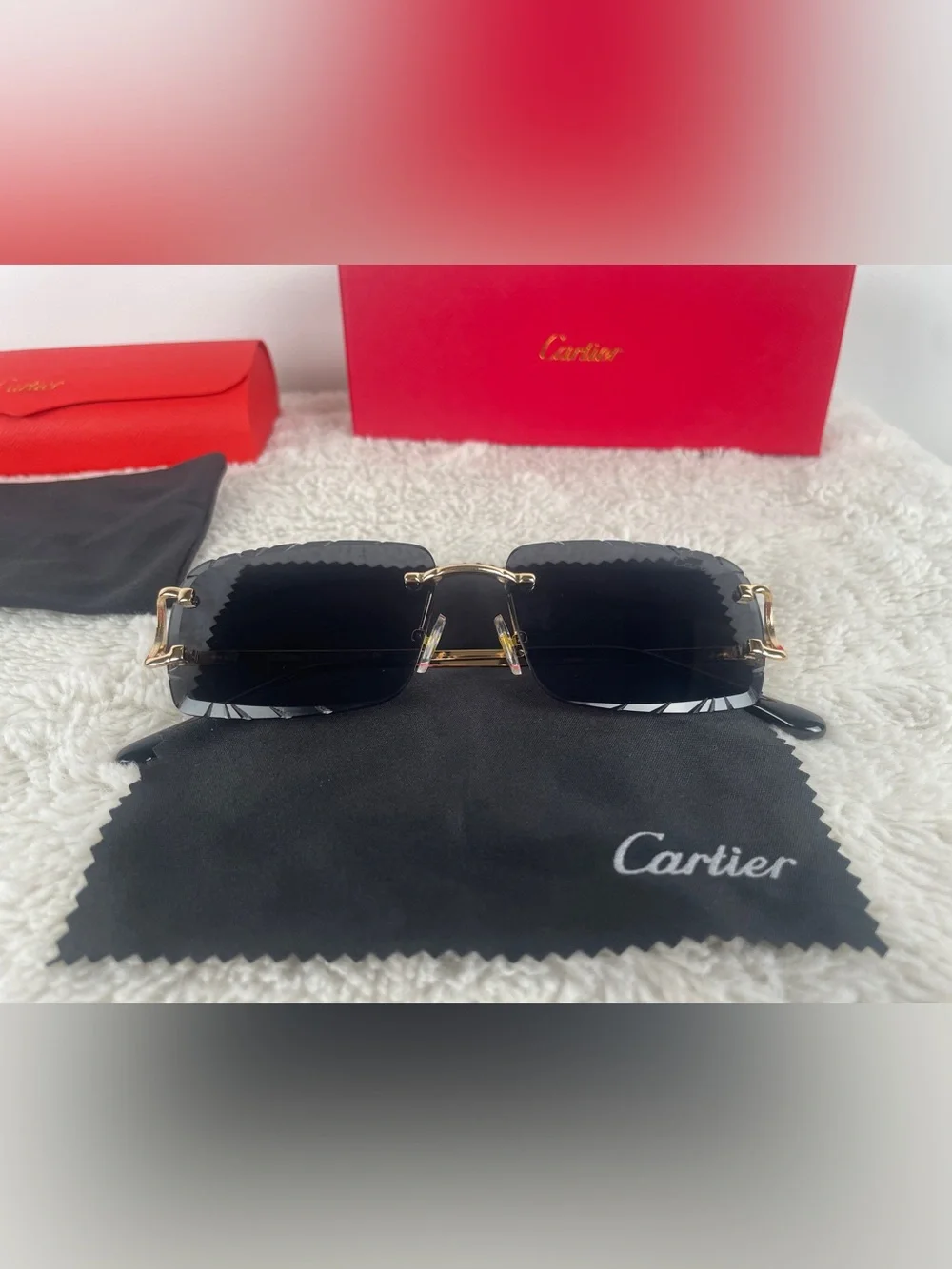 Cartier Big C Diamond Cut Sunglasses Black Lenses Gold Frame